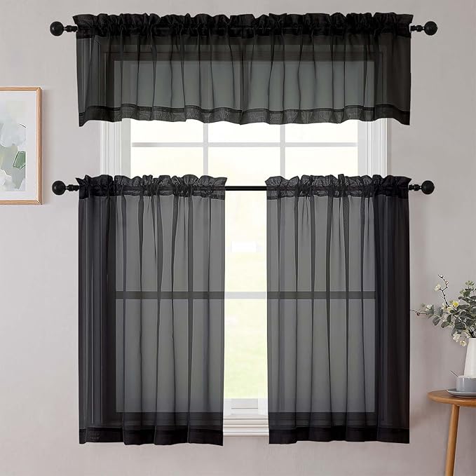 Black Kitchen Curtains 30 Inch Length Tier 2 PCS, Solid Soft Airy Half Curtains for Windows, Black Sheer Rod Pocket Drapes for Bathroom Basement Small Window, 42" Wx30 L Inches