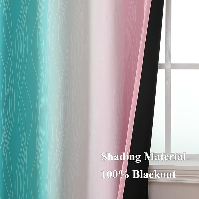 Estelar Textiler Pink and Teal Blackout Curtains for Living Room, Full Room Darkening Grommet Ombre Curtains for Bedroom, Thermal Insulated Light Blocking Gradient Drapes, 42Wx63L, 2 Panels
