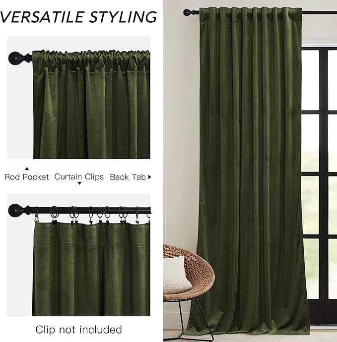 RYB HOME Green Velvet Curtains 108 inch, Solid Room Darkening Window Curtains for Living Room Light & Draft Block Privacy Backdrop with Pleat Tape Pocket& Tabs, Olive Green, W52 x L108 inch, 2 Panels