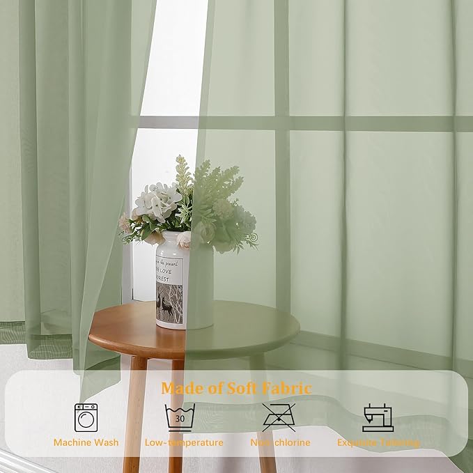 Gwine Sheer Sage Green Curtains 96 Inches Long 2 Panels Set, Light Filtering Voile Fimly Sheer Curtains for Living Room Bedroom, Elegant Soft Airy Rod Pocket Window Treatment, 59Wx96L Inch, 2PCS