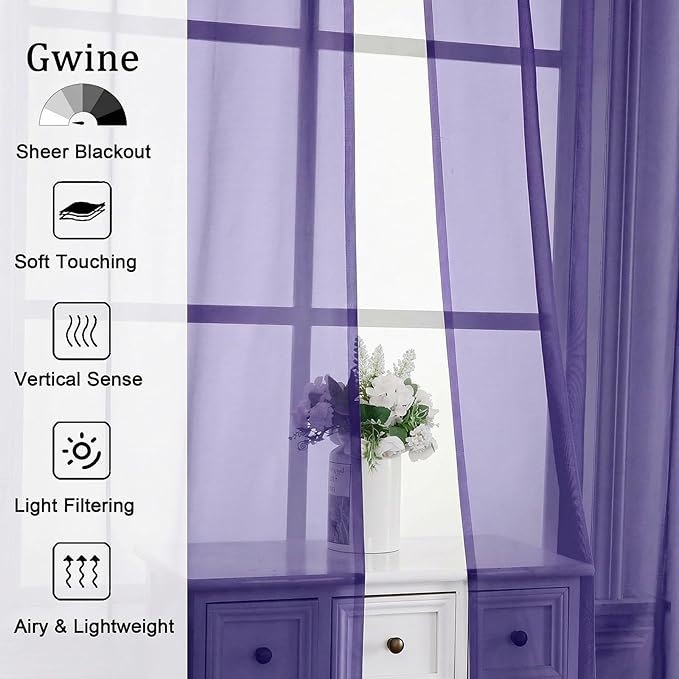 Gwine Sheer Curtains 72 Inch Length - Light Filtering Rod Pocket Window Curtain Panels for Bedroom, Elegant Soft Voile Living Room Sheer Drapes, Each 42Wx72L, 2 Panels, Purple