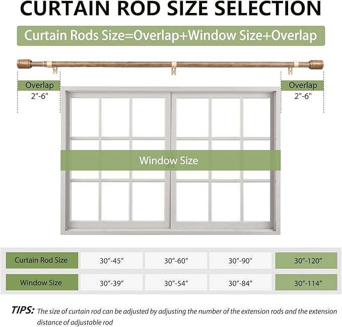 5/8” Diameter Curtain Rods 30-120 Inch, for 30-114 Inch Windows, Adjustable Splicing Wood Grain Curtain Rods for Windows with Brackets, Window Rod Long Small Curtains Rod, 1 Pack