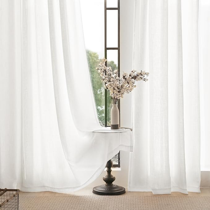 White Linen Curtains 45 inch Length 2 Panel Set for Living Room Back Tab Rod Pocket Semi Sheer Light Filtering Bedroom Window Curtain 45 inch Long Cotton Textured Modern Elegant Coastal Drapes