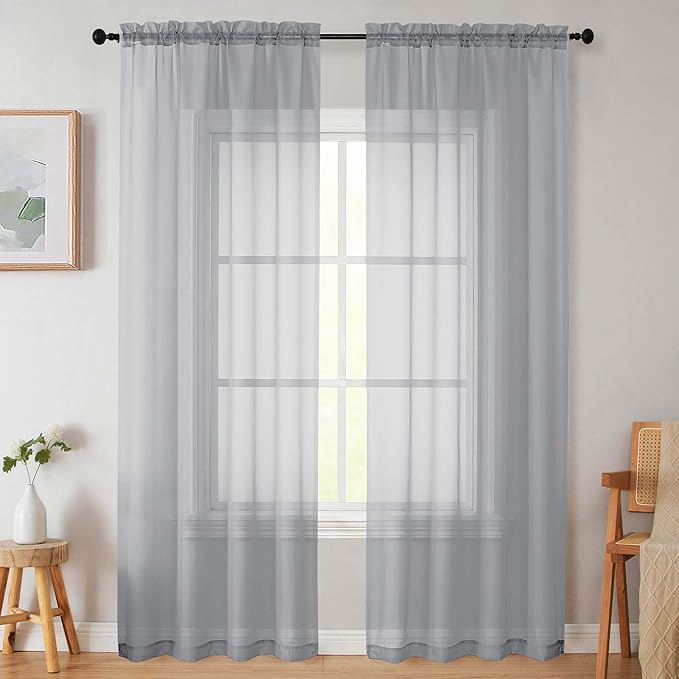 Sheer Light Grey Curtains for Bedroom Living Room 90 Inches Long 2 Panels Set, Soft Airy Light Filtering Sheer Window Treatments, Modern Rod Pocket Curtains Drapes, Each 42" Wx90 L Inch