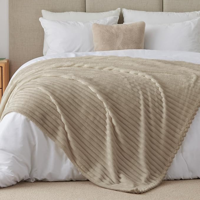 BEDELITE King Size Blanket for Bed, 300GSM Soft & Warm Fleece Blanket, Decorative and Giftable Striped Linen Blankets for Women, Men, 108"x90"