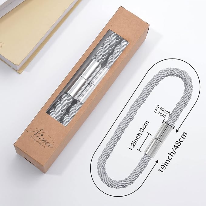 NICEEC 6 Pack Strong Magnetic Curtain Tiebacks Modern Simple Style Drape Tie Backs Convenient Decorative Weave Rope Curtain Holdbacks for Thin or Thick Home & Office Window Draperies (Light Grey)