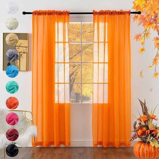 youleyar Solid Sheer Rod Pocket Curtain Voile Draperies 2 Panels White Beige Black Grey Coffee 52 Inch Width 96 Inch Long 1 Pair for Kitchen Bedroom Children Living Room Yard (Orange,52Wｘ96L)
