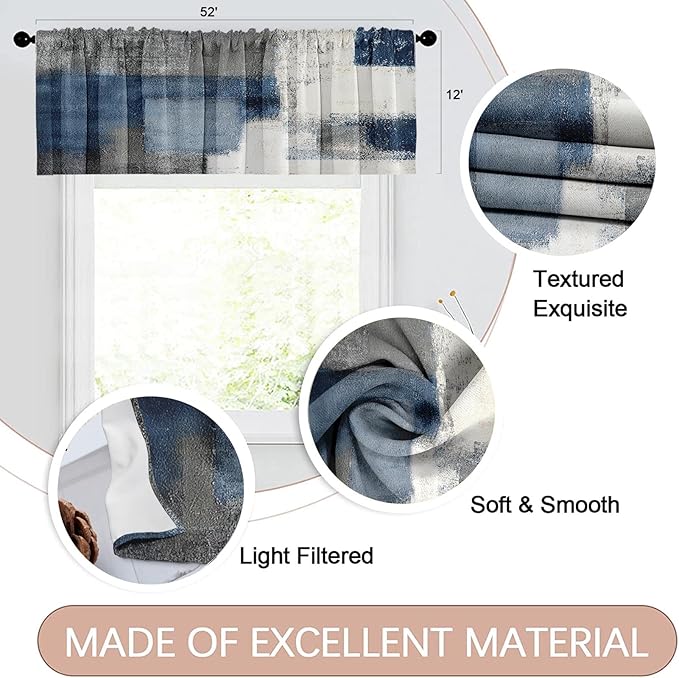 Emvency 4 Pack Valances Window Treatments, Blue and Grey Abstract Modern Art Blackout Adjustable for Living Room Bathroom Bedroom Kitchen Over Sink, 52x12 Inch Rod Pocket Valances