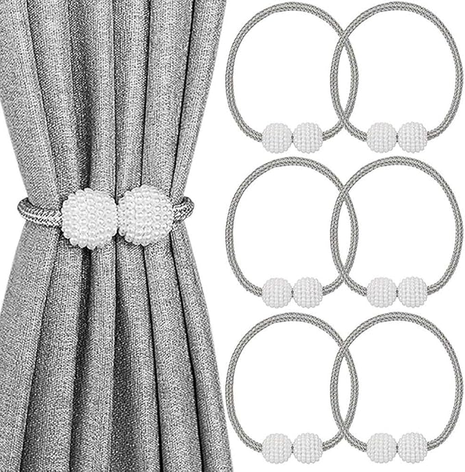Melaluxe 6 Pack Magnetic Curtain Tiebacks, Decorative Curtain Holdbacks for Window Décor (Grey)