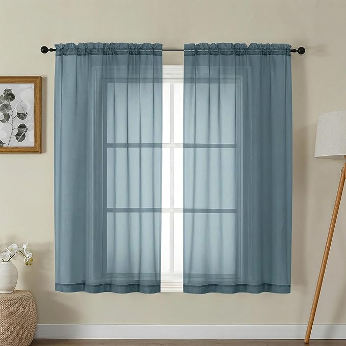 Gwine Sheer Curtains for Bedroom 54 inches Long - Light Filtering Voile Window Curtain Panels, Airy Transparent Rod Pocket Sheer Drapes for Living Room, Each 42Wx54L, 2 Panels, Dusty Blue