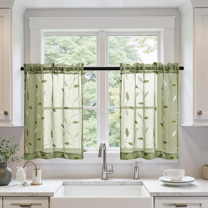 MIULEE Sage Green Sheer Curtains 2 Panels Embroidered Leaf Patterned Rod Pocket Floral Semi Sheer Faux Linen Short Window Curtains Drapes Set for Kitchen Bathroom Cafe, 30x24 Inches Length