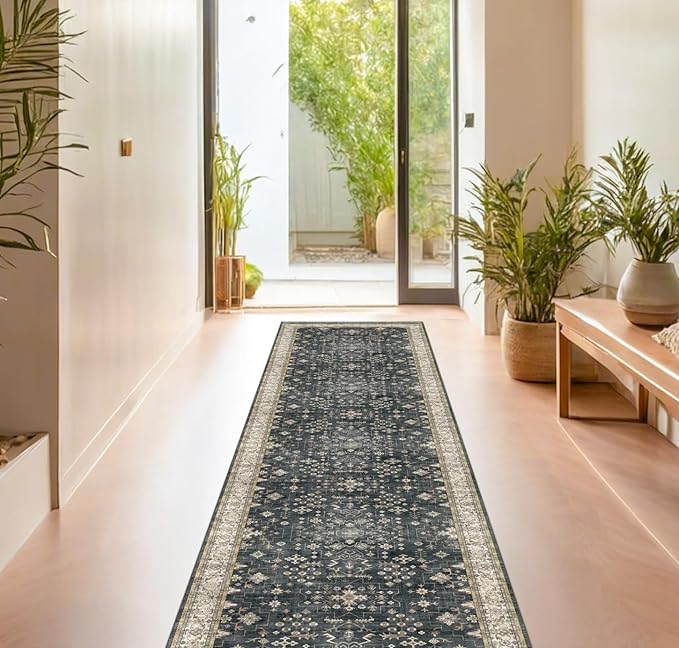 Hazo Haus Black Boho Washable 3x16 Extra Long Runner Rug for Hallway, Waterproof Large Kitchen Floor Rug, Non-Slip Stain & Fade Resistant, Vintage Floral Decor