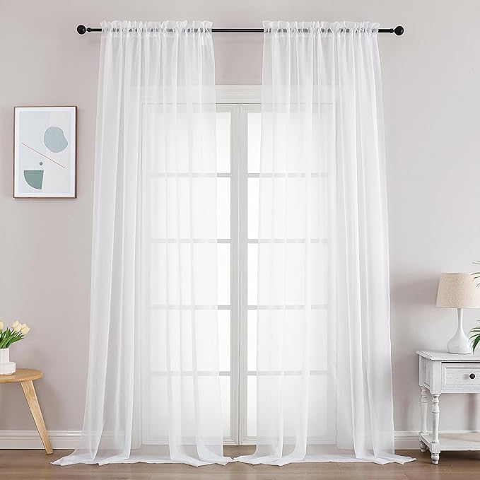 Gwine Sheer White Curtains 96 Inches Long 2 Panels Set, Light Filtering Voile Fimly Sheer Curtains for Living Room Bedroom, Elegant Soft Airy Rod Pocket Window Treatment, 59Wx96L Inch, 2PCS, White