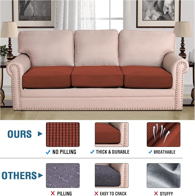 H.VERSAILTEX Super Stretch Couch Cushion Covers Sofa Cushion Slipcovers Jacquard Fabric Individual Seat Couch Slipcover Sets for Pets with Elastic Bottom(3 Packs Cushion Sofa Covers, Rust)