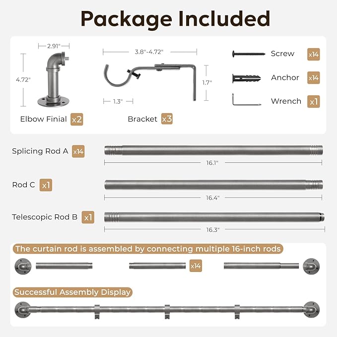 Zeerobee Curtain Rods for Windows 120 to 240, 1 Inch Industrial Wrap Around Grey Curtain Rod, Indoor/Outdoor Room Divider Adjustable Drapery Pole, 120"-240"