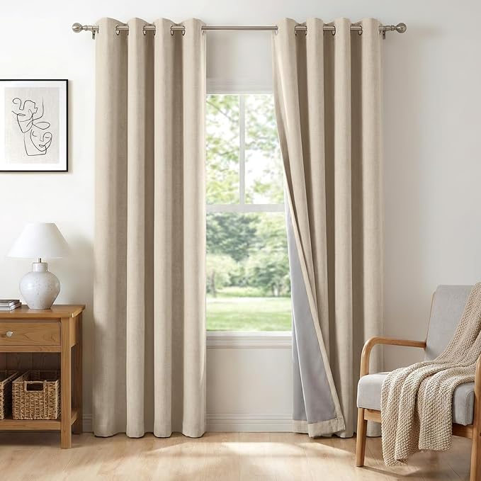 100% Blackout Shield Linen Blackout Curtains for Bedroom, Natural Flax Grommet Curtains for Living Room, Thermal Insulated Room Darkening Drapes for Nursery, Boho Home Decor, 50" W x 108" L, 2 Panels