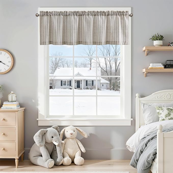 jinchan Valance Curtain Linen Textured Striped Window Curtain for Living Room Light Filtering Farmhouse Valance for Kitchen Rod Pocket 1 Panel 16 Inch Taupe Grey on Linen 1 Panel