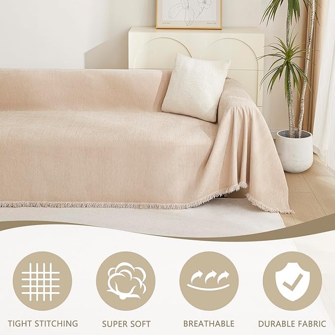 MYSKY HOME Khaki Sectional Sofa Covers Chenille Couch Cover for Dogs Solid Sofa Cover for 3 Cushion Couch Washable Couch Covers with Tassel Edge L Shape Sofa Throw Large Sofa Slipcover, 71" X134"