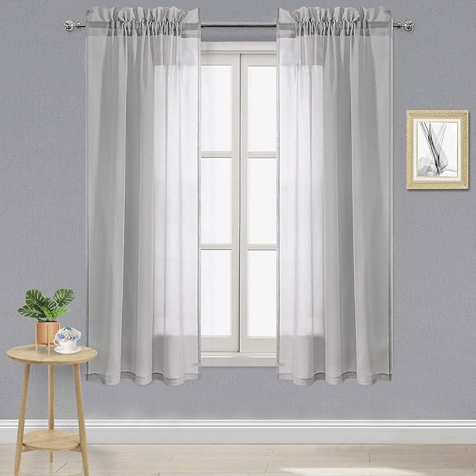 DWCN Grey Sheer Curtains Semi Transparent Voile Rod Pocket Curtains for Bedroom and Living Room, 42 x 63 inches Long, Set of 2 Panels