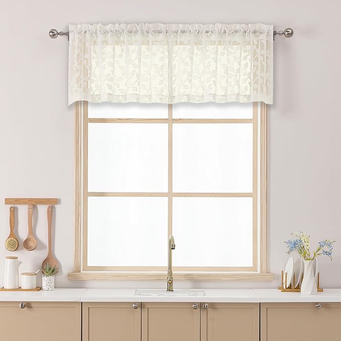 Chyhomenyc Ivory Sheer Valances for Windows 14 Inch Length 2 Pcs, Light Filtering Leaf Textured Cafe Short Kitchen Curtains, Top Small Curtain for Living Room Bedroom Basement, 42" W x 14" L