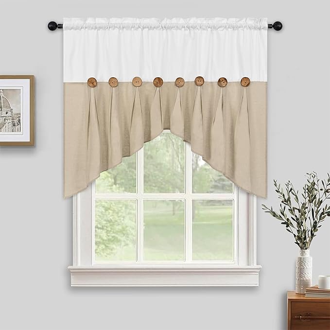 FRAMICS Farmhouse Swag Curtain, Boho Cotton Linen Valance Curtain, Rustic Button Window Valance for Kitchen, Country Rod Pocket Valances for Windows Bathroom Bedroom, White and Linen, 52 x 36 Inch