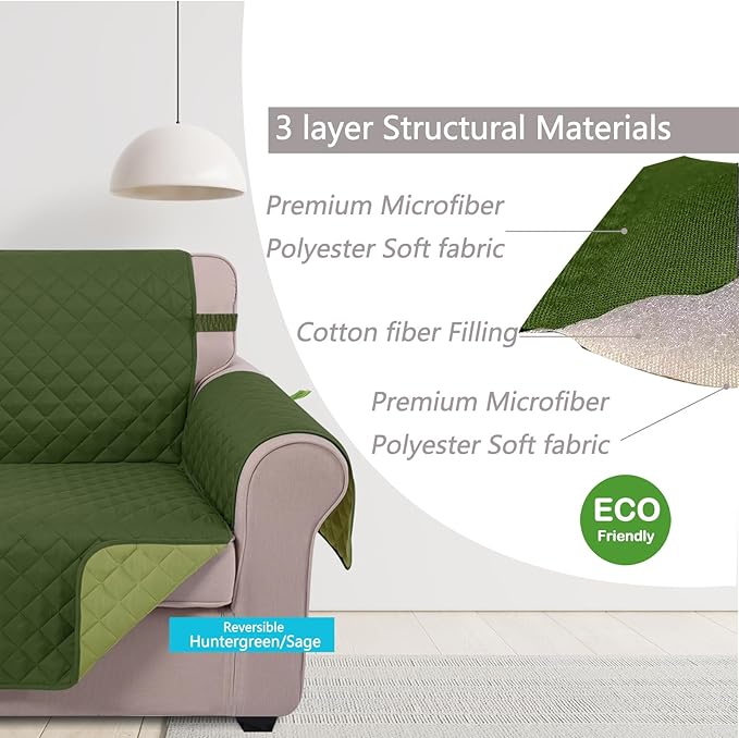 U-NICE HOME Recliner Chair Covers Reversible Chair Cover Pet Covers for Dogs with Elastic Straps Water Resistant Diamond Quilted (28''Recliner Oversized, Huntergreen/Sage)