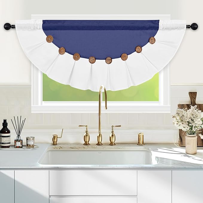 FRAMICS Farmhouse Valance Curtains, Boho Cotton Linen Kitchen Valance, Navy Blue Rustic Button Window Valances for Bathroom Bedroom, Country Rod Pocket Valances for Windows, Semicircular, 52 x 18 Inch