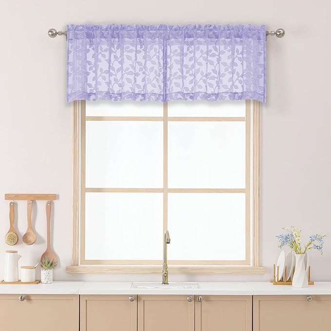 Chyhomenyc Light Purple Sheer Valances for Windows 14 Inch Length 2 Pcs, Light Filtering Leaf Textured Cafe Short Kitchen Curtains, Top Small Curtain for Living Room Bedroom Basement, 42" W x 14" L