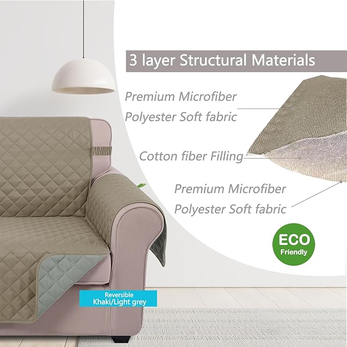 U-NICE HOME Recliner Chair Covers Reversible Quilted Water Repellent Pet Protectors with Elastic Straps (23''Recliner Small, Khaki/Light Grey)