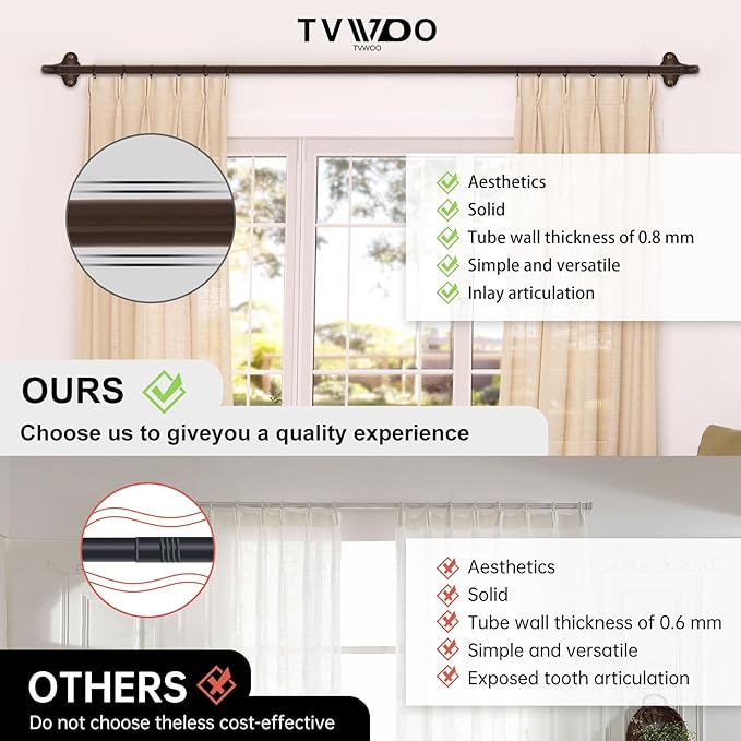 TVWOO Bronze Wrap Around Curtain Rods:5/8 Inch Blackout Adjustable Window Curtain Rod for Bedroom Kitchen Apartment Renter Friendly,Room Darkening Curved Drapery Rods Easy Install,Antique Brown 28-48"