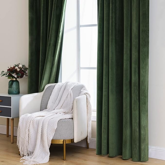 MIULEE Velvet Curtains 102 inches - Luxury Blackout Curtains for Bedroom Living Room Thermal Insulated Super Soft Window Drapes Rod Pocket & Back Tab, Olive Green, W52 x L102 inches, 2 Panels