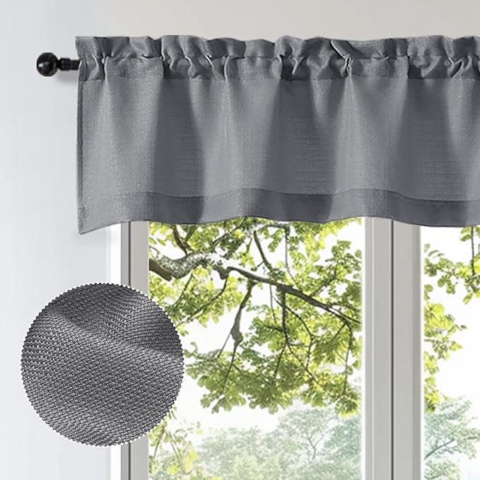 OWENIE Bob 1 PCS Dark Grey Valances for Windows, Faux Linen Textured Kitchen Window Curtains Valance for Bedroom Living Room, Modern Soft Airy Solid Rod Pocket Bathroom Cafe Curtain, 60Wx14L Inch