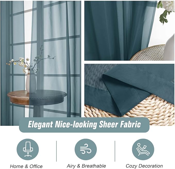 Dusty Blue Sheer Curtains 63 Inch Length 2 Panels, Voile Sheer Curtain for Living Room, Breathable Light Filtering Window Treatments, Soft Fabric Dual Rod Pocket Drapes, 2x42Wx63L Inches