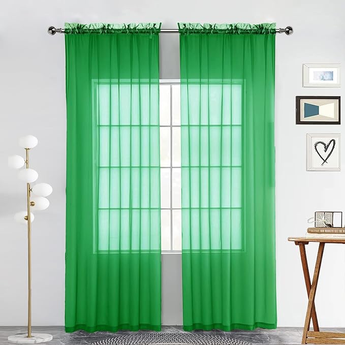 SpaceDresser Sheer Voile Window Treatment Rod Pocket Curtain Panels for Kitchen Bedroom Living Room Drapes Sunlight Filtering Privacy Semi Home Decor Assorted Colors Sizes (Green, 52 W x 90 L)