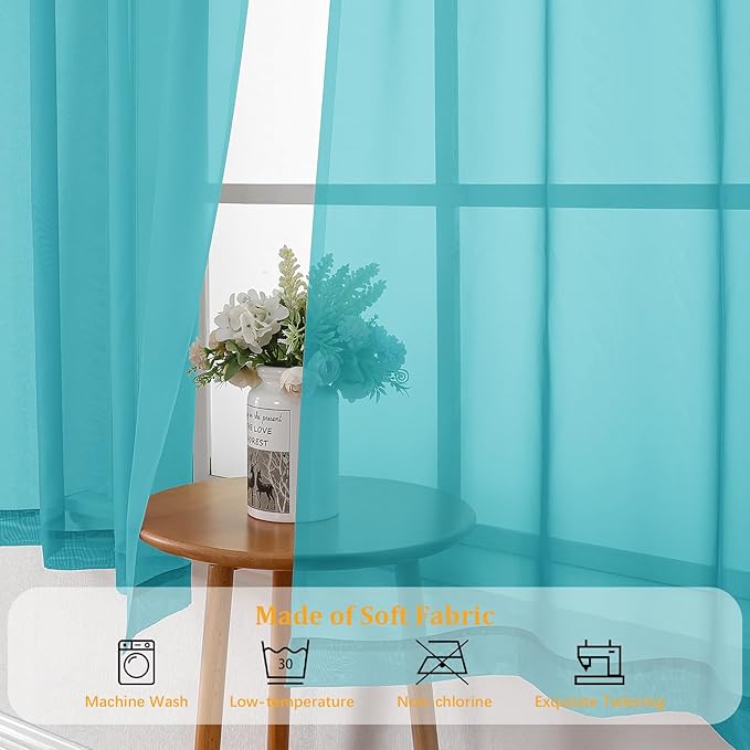 Gwine Turquoise Sheer Curtain Tiers 24 Inch Length, Light Filtering Voile Short Curtain for Living Room Bedroom, Rod Pocket Cafe Curtains for Small Windows 42x24 Inch, 2PCS