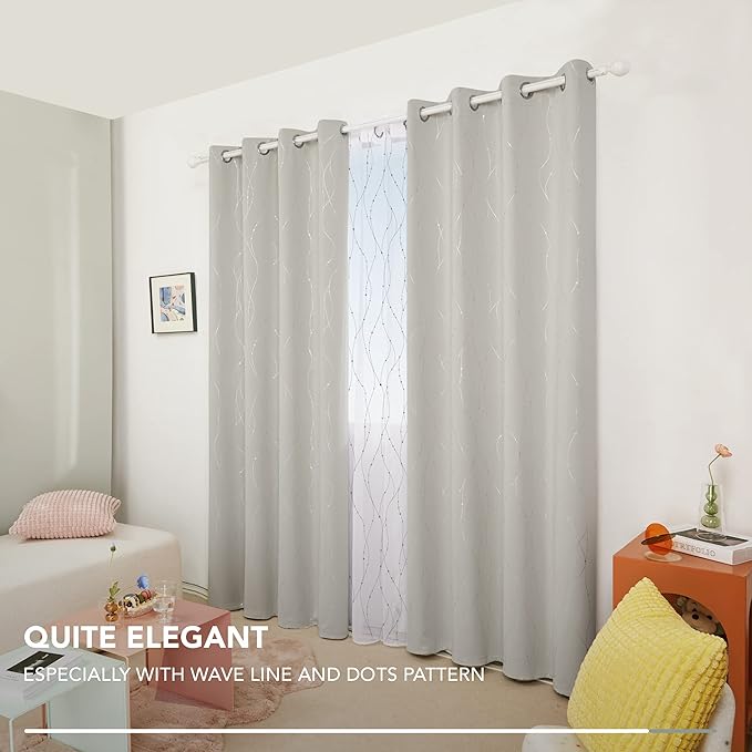 Deconovo Room Darkening Curtain, Beige Curtain, Thermal Insulated Noise Reducing Drapes, Silver Wave Dots Print, 52 x 108 Inch Long, Grommet Window Panels for Living Room Sliding Glass Door, Set of 2