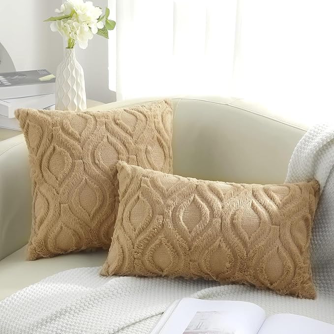 decorUhome Throw Pillow Covers 18x18 Inch Set of 2, Soft Plush Faux Wool Khaki Solid Couch Pillow Covers, Accent Farmhouse Neutral Square Pillow Cases for Sofa Bed Living Room
