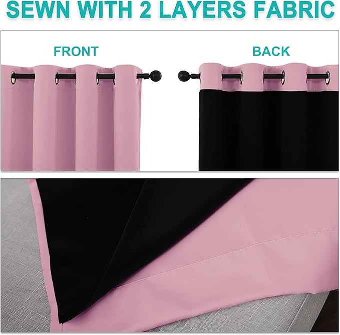NICETOWN 100% Blackout Blinds, Laundry Room Decor Window Treatment Curtains for Large Patio Sliding Door, Thermal Insulated Crystal Pink Curtains for Bedroom, Set of 2, 55 inches x 102 inches