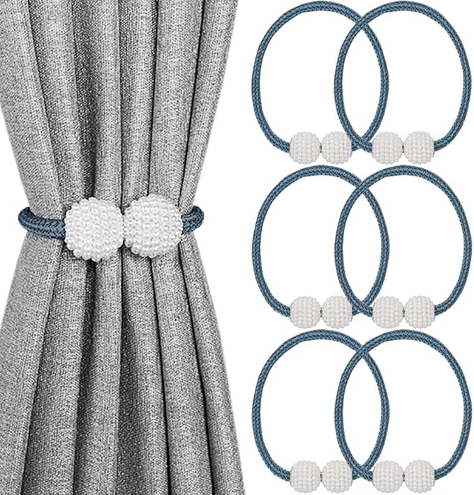 Melaluxe 6 Pack Magnetic Curtain Tiebacks, Decorative Curtain Holdbacks for Window Décor (Navy Blue)