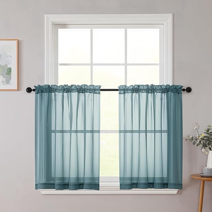 Dusty Blue Kitchen Curtains 30 Inch Length Tier 2 PCS, Solid Soft Half Curtains for Windows, Dusty Blue Sheer Rod Pocket Drapes for Bathroom Basement Small Window Curtain, 42" Wx30 L Inches
