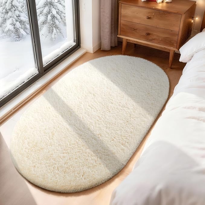 Ophanie 3x5 Oval Ivory Rugs for Bedroom Living Room, Fluffy Fuzzy Furry Carpet, Plush Soft Shaggy Bedside Indoor Floor Area Rug for Kids Girls Boys Baby Teen Dorm Nursery Home Decor Aesthetic