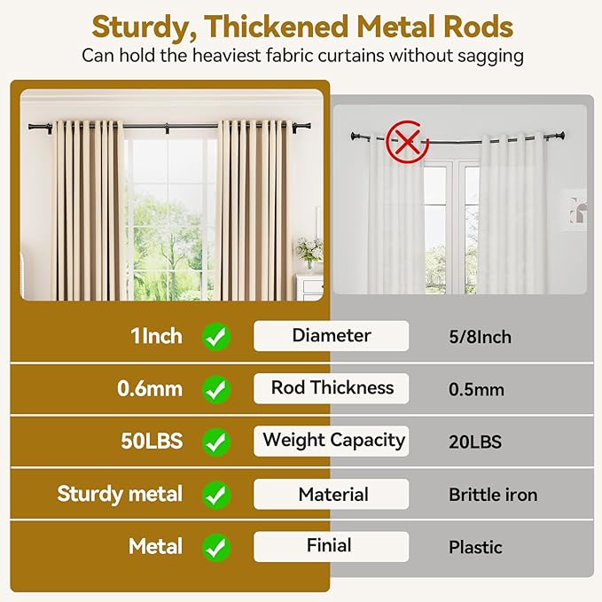 YaFex Curtain Rods 32-118 Inch, Heavy Duty 1 Inch Adjustable Curtain Rod for Windows, Black Long Window Treatment Rods, Modern Design, Easy Installation