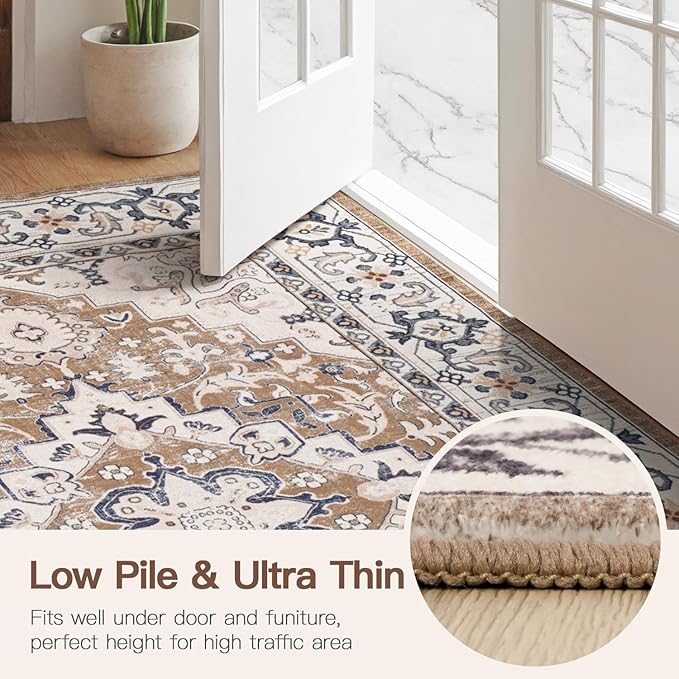 Lofus 5x8 Area Rugs for Living Room, Washable Area Rug, Rugs for Bedroom, Kitchen, Vintage Boho Carpet, Soft Non-Slip, Low Pile Large Area Rug for Office Dining Room, Floral Brown