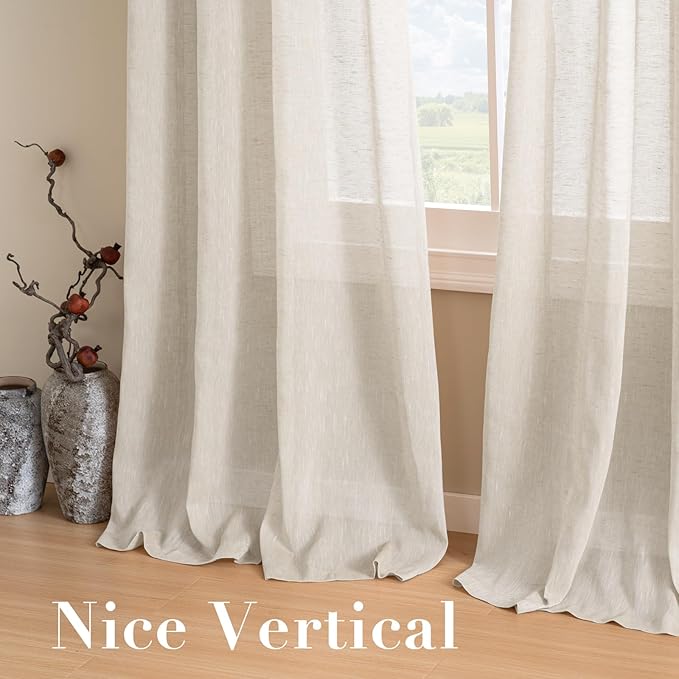 H.VERSAILTEX Linen Curtains Nickel Grommet Natural Linen Semi-Sheer Curtains 2 Panels Privacy Added Premium Soft Rich Material Drapes for Bedroom/Living Room - 37x84 Inch- Natural