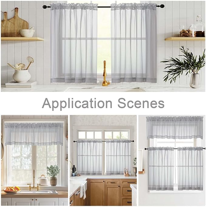 Cafe Curtains 36 Inch Length Tier 2 Pieces, Modern Soft Airy Sheer Kitchen Short Curtains for Small Window, Rod Pocket Small Curtain for Bathroom Basement, Light Grey, Each, 42"Wx36"L Inches