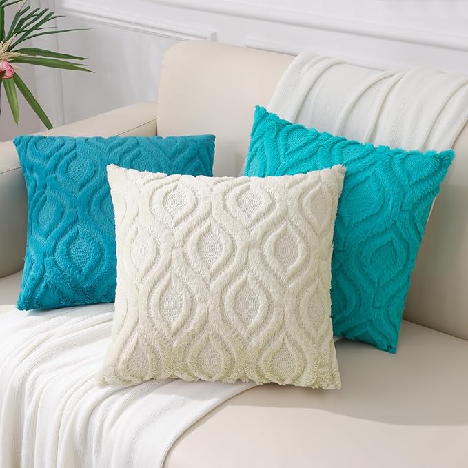 decorUhome Summer Throw Pillow Covers 24x24 Inch Set of 2, Soft Plush Faux Wool Turquoise Solid Couch Pillow Covers, Accent Euro Sham Farmhouse Neutral Square Pillow Cases for Sofa Bed Living Room