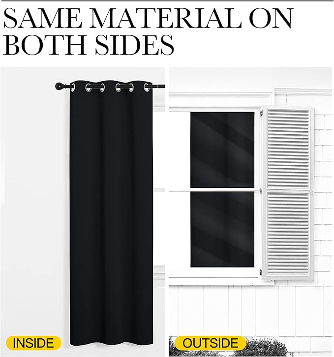 NICETOWN Bathroom Blackout Curtains and Drapes 48 inches Length, Black Solid Thermal Insulated Grommet Blackout Drapery Panels for Window (2 Panels, 34 inches Wide, Black)