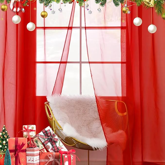 youleyar Solid Sheer Rod Pocket Curtain Voile Draperies 4 Panels White Beige Black Grey Ivory 52 Inch Width 63 Inch Long 1 Pair for Kitchen Bedroom Children Living Room Yard(Red,52 Wｘ63 L)