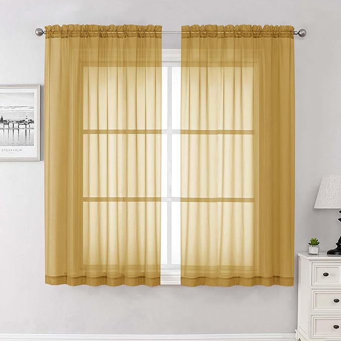 Lecloud Gold Sheer Curtains 63 Inch Length 2 Panels, Rod Pockets Window Treatments Light Filtering Bedroom Curtains for Living Room, Soft Home Drapes for Bathroom, Each Panel 59" W x 63" L