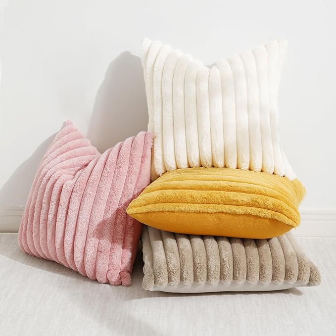 decorUhome Summer Cozy Faux Fur Throw Pillow Covers 18x18 Set of 2 Decorative Soft Plush Striped Modern Farmhouse Boho Couch Pillow Cases with Velvet Back for Sofa Bed Living Room, Pink